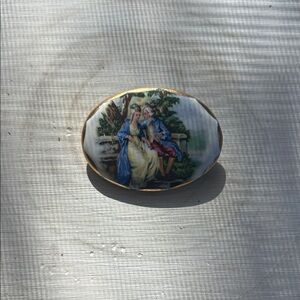 Vintage Oval Porcelain Brooch with Romantic Scene